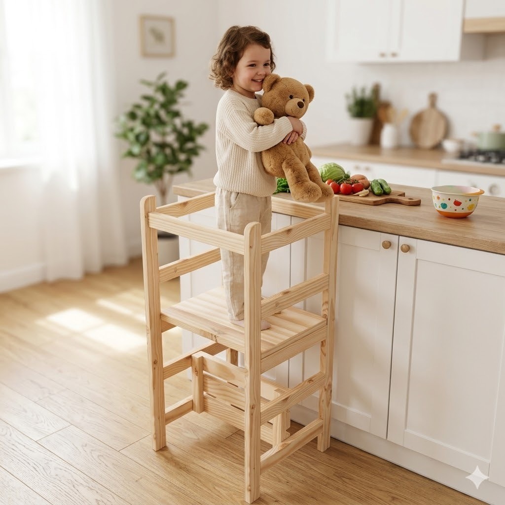 Torre De Aprendizagem Montessori 4 Em 1 Com Mesinha De Alimentação Cadeirão Infantil Madeira Pinus