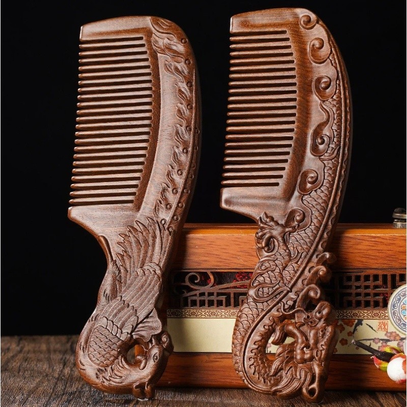 Pente De Cabelo De Sândalo Natural Feito À Mão Com Padrão Dragon Phoenix Para Uso Diário