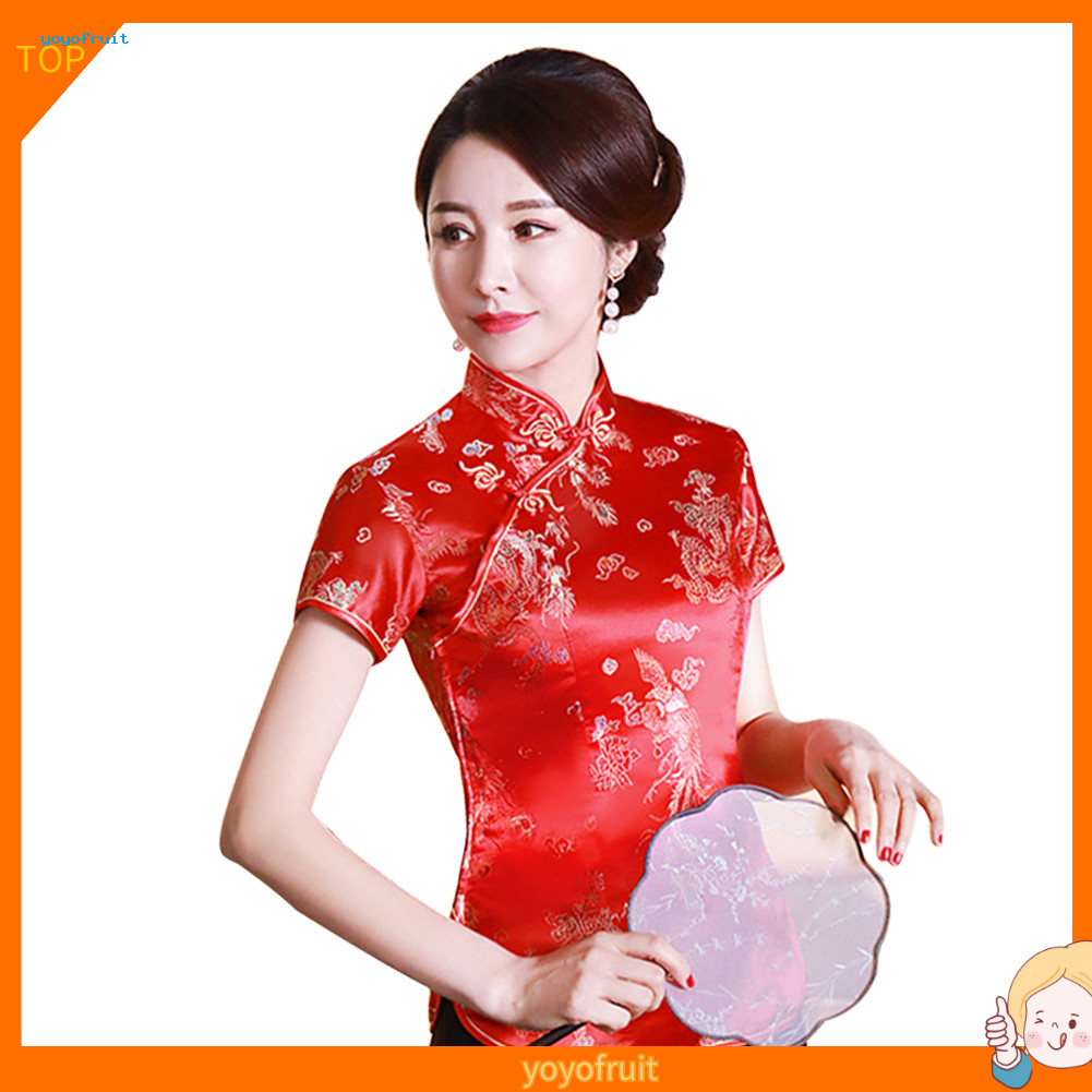 YOF Blusa Feminina Chinesa De Manga Curta Com Gola Dragon Phoenix Estampa Étnica