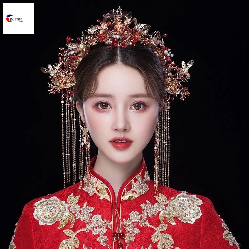 Grampo De Cabelo Xiuhe Para Casamento Chinês-Chapéu De Noiva Red Toast Dragon Phoenix