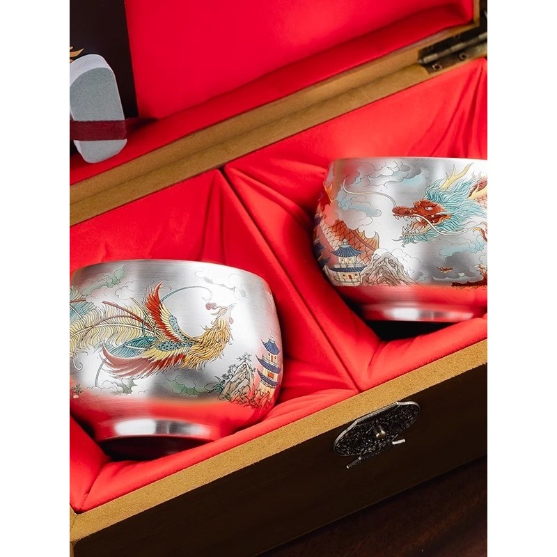 Dragon Phoenix dourado prata xícara de chá High-End mestre xícara de chá enviar amigos namoradas presentes de aniversári