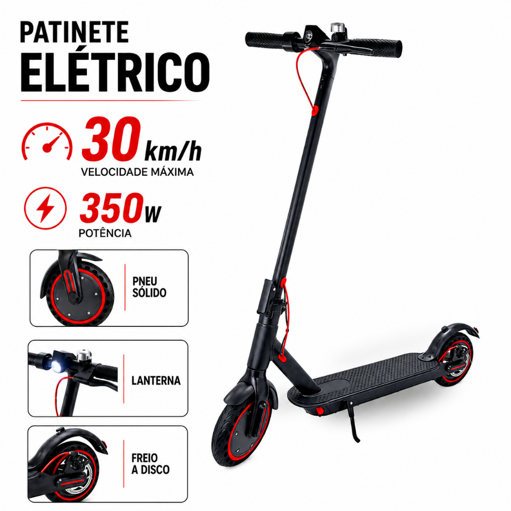 Patinete Elétrico Adulto 350W 36V | Dobrável 30km/h com Bluetooth, LED Alta Potência