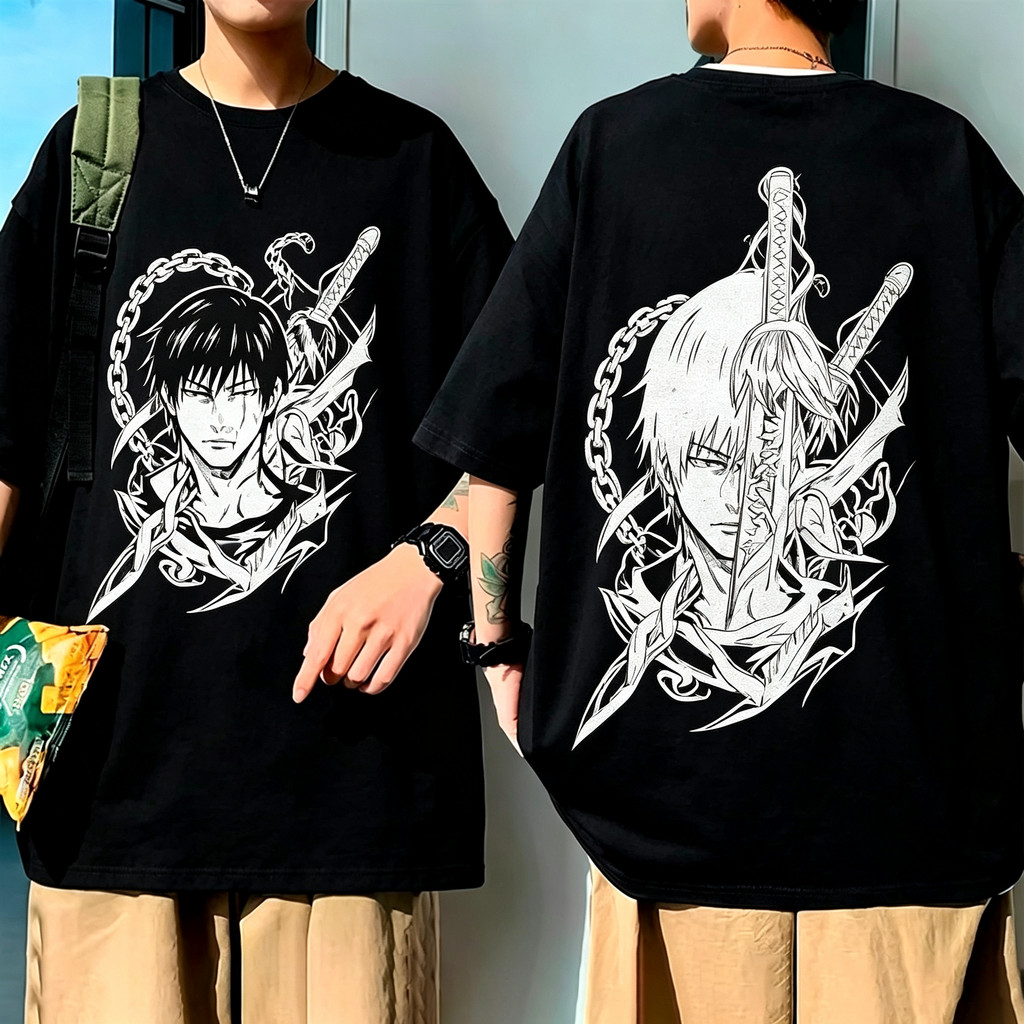 Camiseta Unisex Alta Qualidade, Design com Estampa de Personagens Anime Sombrios Estilizados, Espadas e Correntes, Moda