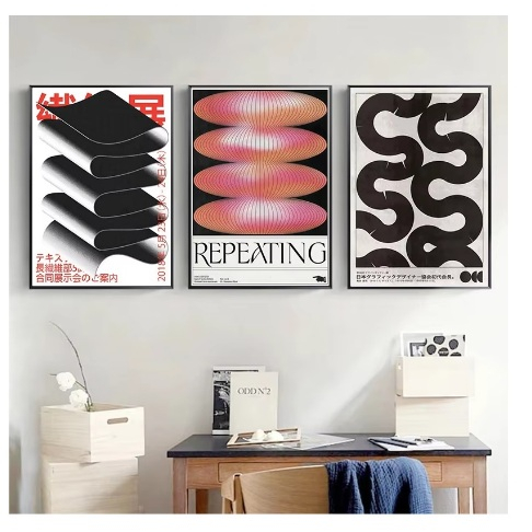 Quadros decorativos Modern Abstract Open Your Mind Blue Waves Vintage Japanese (3 peças)