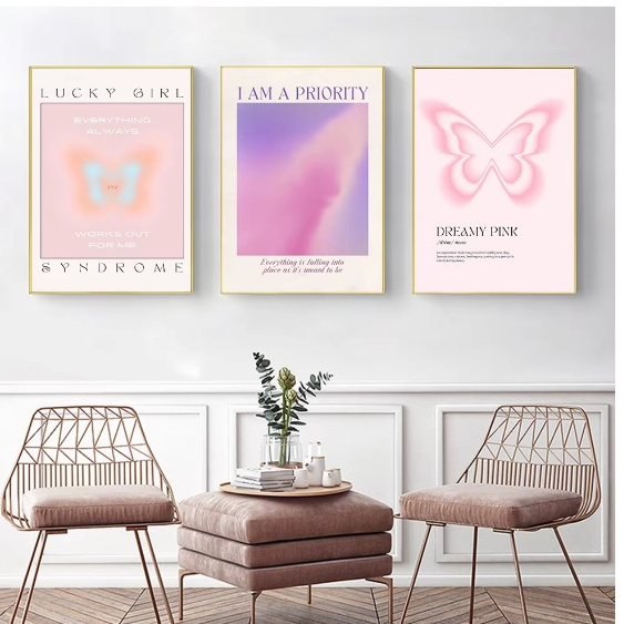 Quadros decorativos Borboleta minimalista, arte estética feminina, atmosfera sonhadora (3 peças