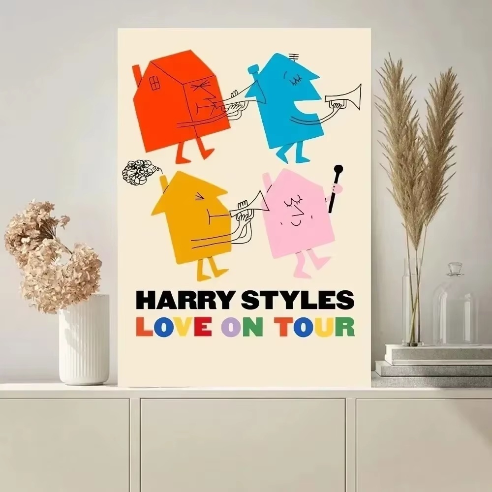 Quadro decorativo Harry Styles Love On Tour – Casinhas Coloridas e Alegre Atmosfera (1 peça)