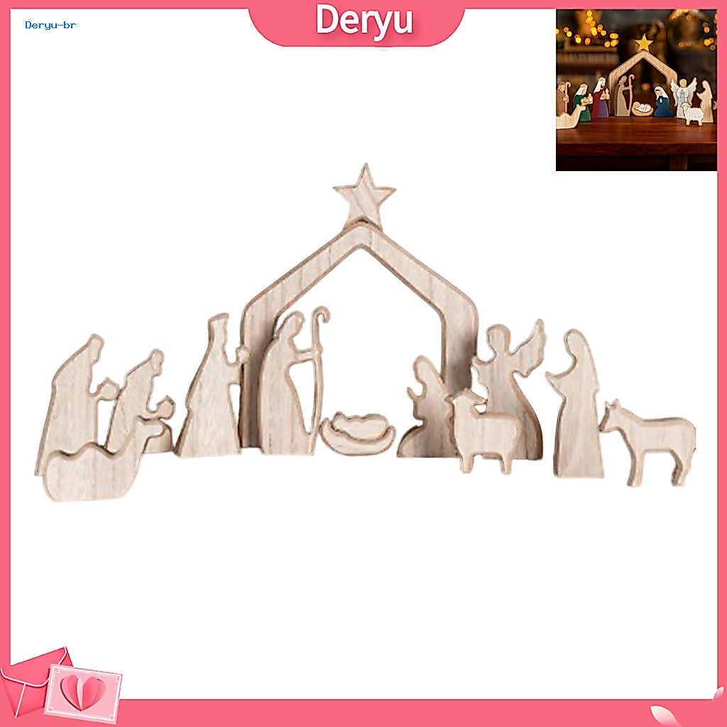 Nativity Scene Decorations Christian Christmas Ornaments Wooden Set – Stable Baby Jesus Figurines Handmade Holiday Tab
