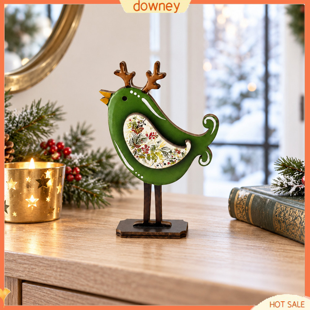 Christmas Bird Wooden Figurine with Santa Hat Scarf – Cute Holiday Tabletop Decor Festive Shelf Ornament for Home Fire