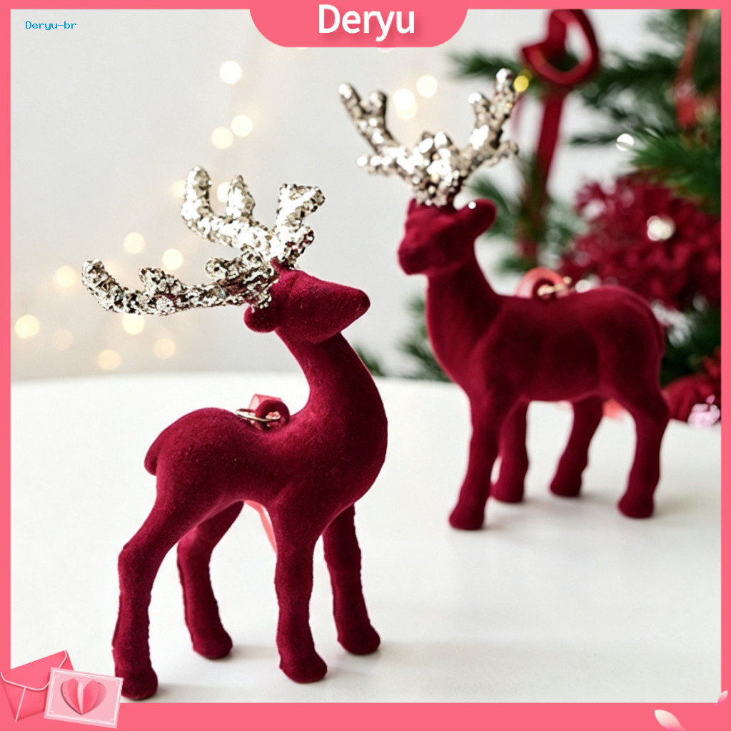 Retro Holiday Tabletop Accents Flocked Reindeer Figurines Christmas Flocking Elk Statue Plush Ornament Cute Seated Stand