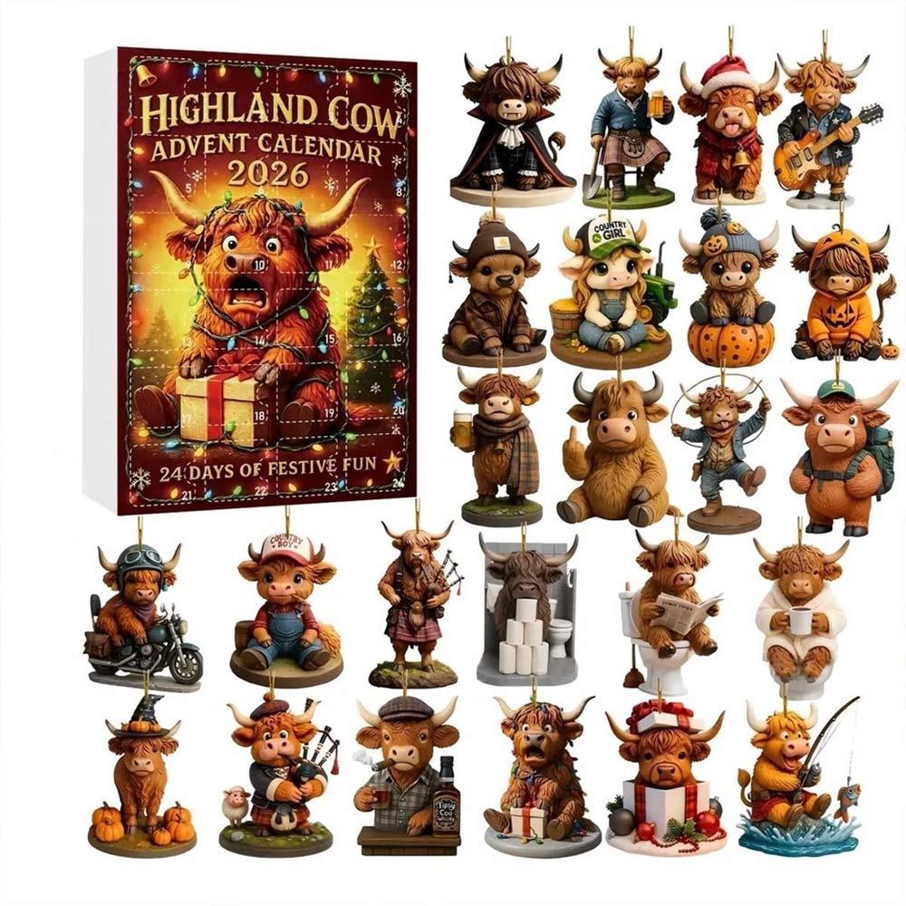 Highland Cow Advent Calendar 2026 24Pcs Countdown Box Mini Cow Figurine Ornaments For Christmas Tree Decor