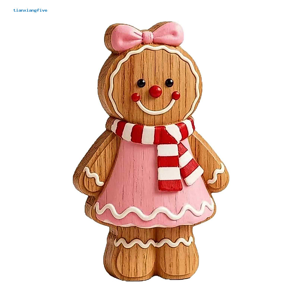 Wooden Desktop Decorations Christmas Gingerbread Man Ornaments Cartoon Ornament Double-sided Printed Tabletop Figurine D
