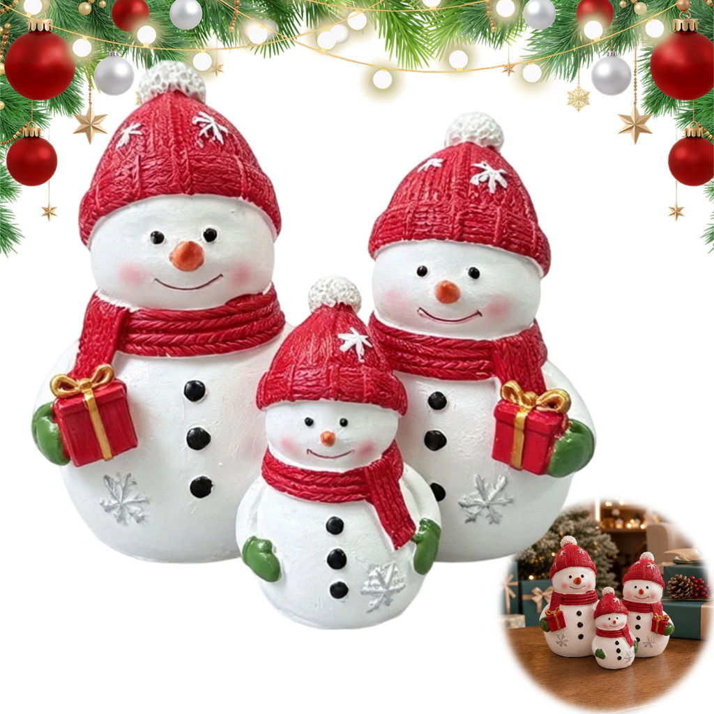 Christmas Snowman Ornaments Winter Holiday Table Decor Resin Figurine Family of 3 with Santa Hat and Scarf Cute Tabletop