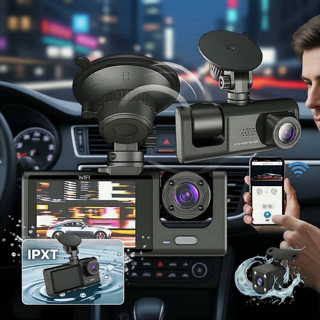 Câmera Veicular com Lentes Duplas/Triplas, Visão Noturna, WiFi, DVR Frontal e Traseiro para Gravação de Vídeo