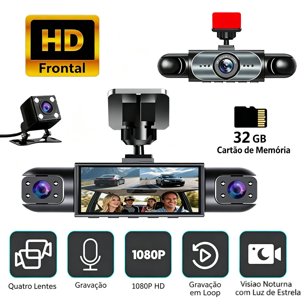 DVR veicular de 4 lentes com cartão 32G incluso, gravação de vídeo Full HD 1080P, acessório de segurança automotivo