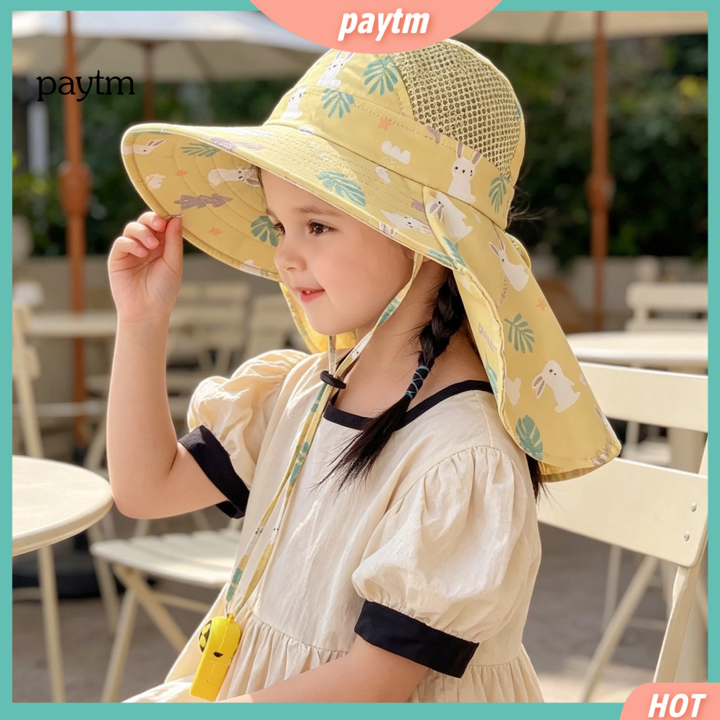 Adjustable Windproof Summer Hat Breathable Mesh Beach Cap for Kids Cartoon Sun with Neck Flap – Wide Brim for Boys Gir