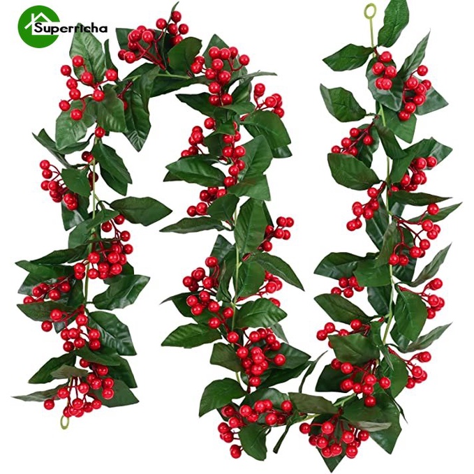 2m Vinha Artificial De Folha De Holly Leaf E Bagas Vermelhas Fake Creeper Green Ivy Vine Christmas Rattan DIY Garland Wreath New Year Hanging Ornaments Decoração De Casa