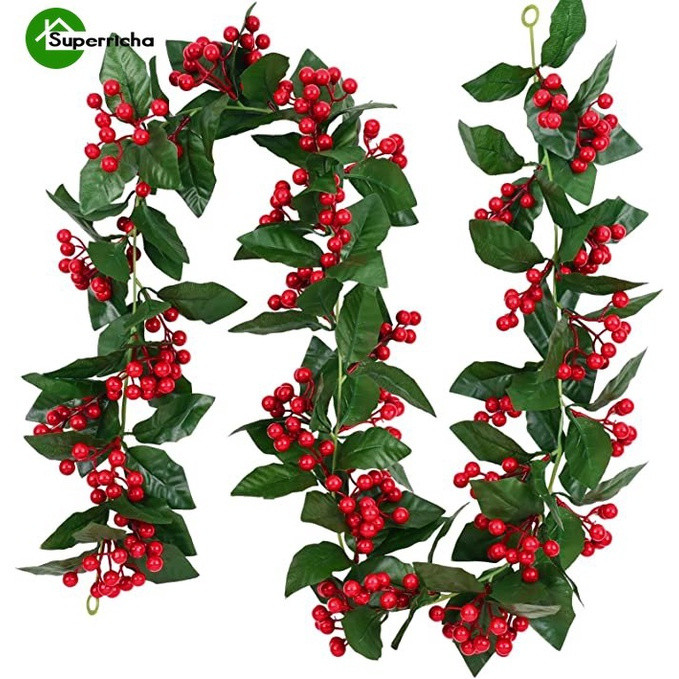 2m Vinha Artificial De Folha De Holly Leaf E Bagas Vermelhas Fake Creeper Green Ivy Vine Christmas Rattan DIY Garland Wr