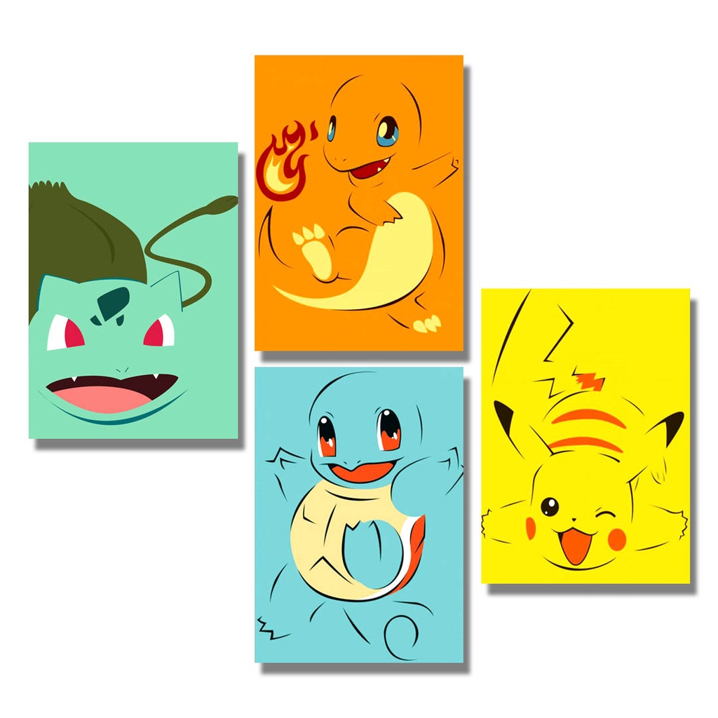Kit Quadro Decorativo Pokemon Pikachu Bulbasaur Charmander Squirtle