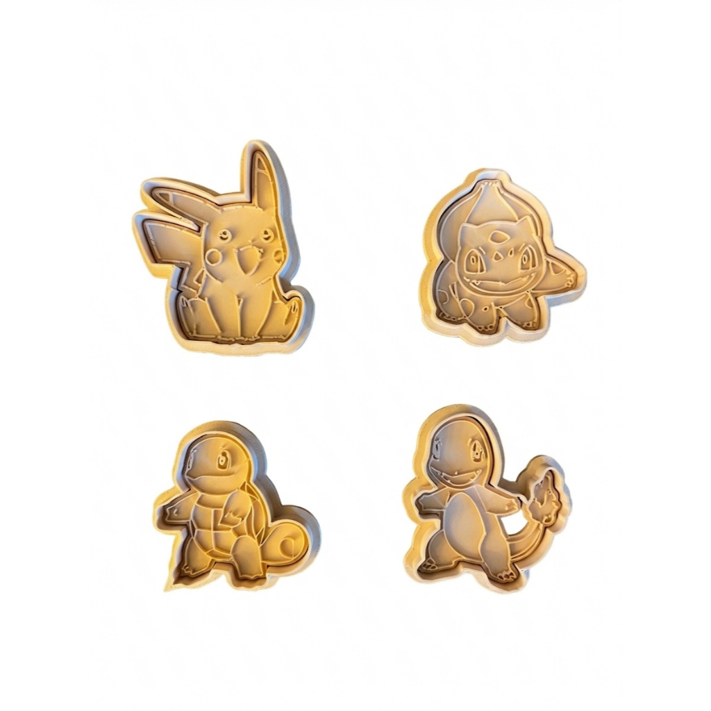 Kit Cortador Pokémon Biscoito 4un com Marcador Pikachu Charmander Bulbasaur Squirtle