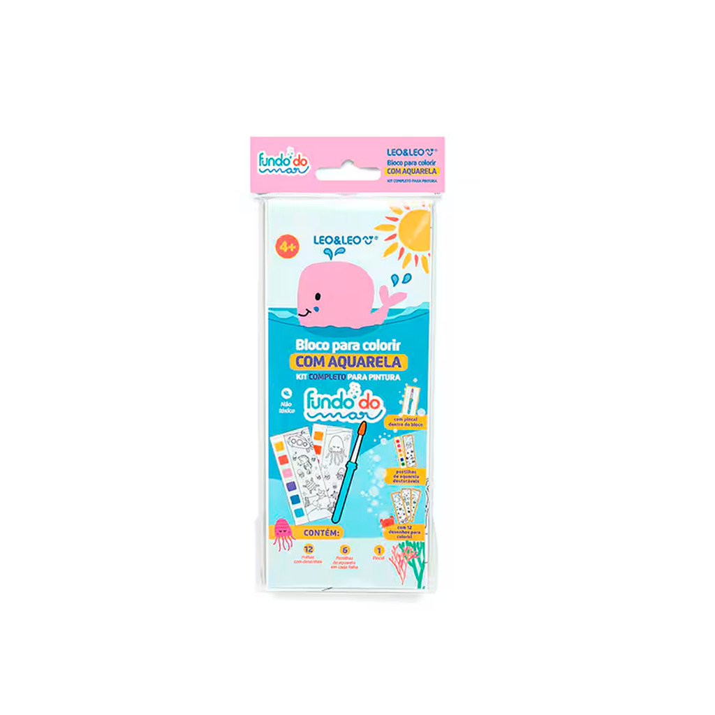 Bloco de Colorir com Aquarela Fundo do Mar – 12 Folhas com Pincel e Tinta Embutida