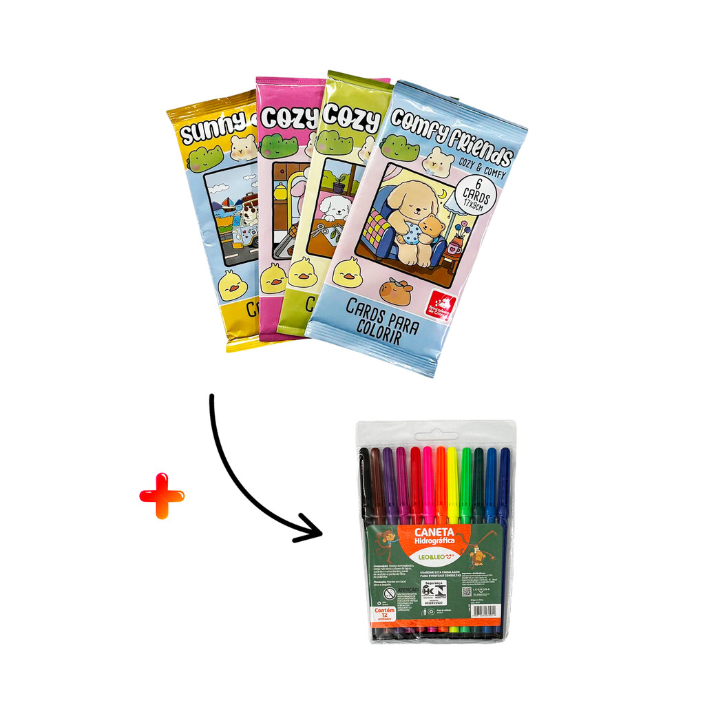 Kit 24 Cards para Colorir + 12 Canetinhas Cozy & Comfy