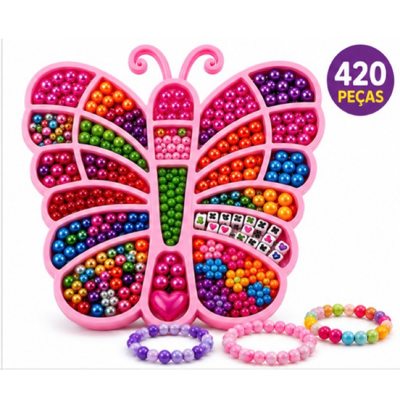 Kit Miçangas Infantil Borboleta 420 Peças para Fazer Pulseiras e Colares