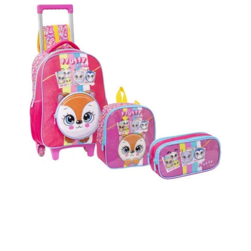 Kit Mochila de Rodinha Lancheira e Estojo Fluffy Raposinha