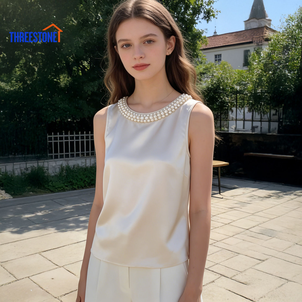 Women Vest Soft Blouse Women’s Sleeveless Satin Top with Round Neck and Imitation Pearl Decor – Loose Fit Smooth Fab