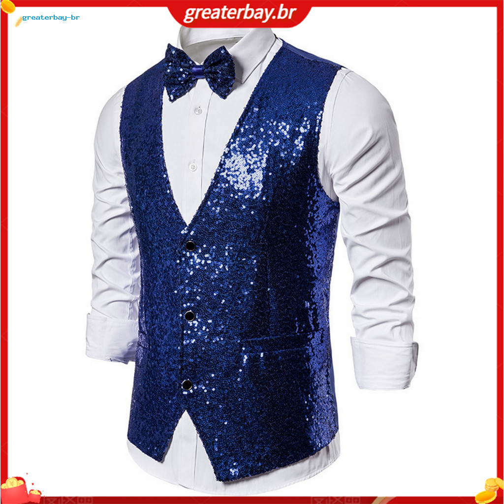 Men's Sequin Vest Bow Tie Set Slim Fit Sleeveless Waistcoat Single-breasted V-neck Stage Performance Emcee Show Jacket f