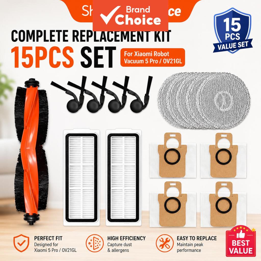 Para Xiaomi Robot Vacuum 5 Pro OV21GL Peças de Reposição 15 Unidades Escova Principal, Escova Lateral, Filtro Hepa, Pano