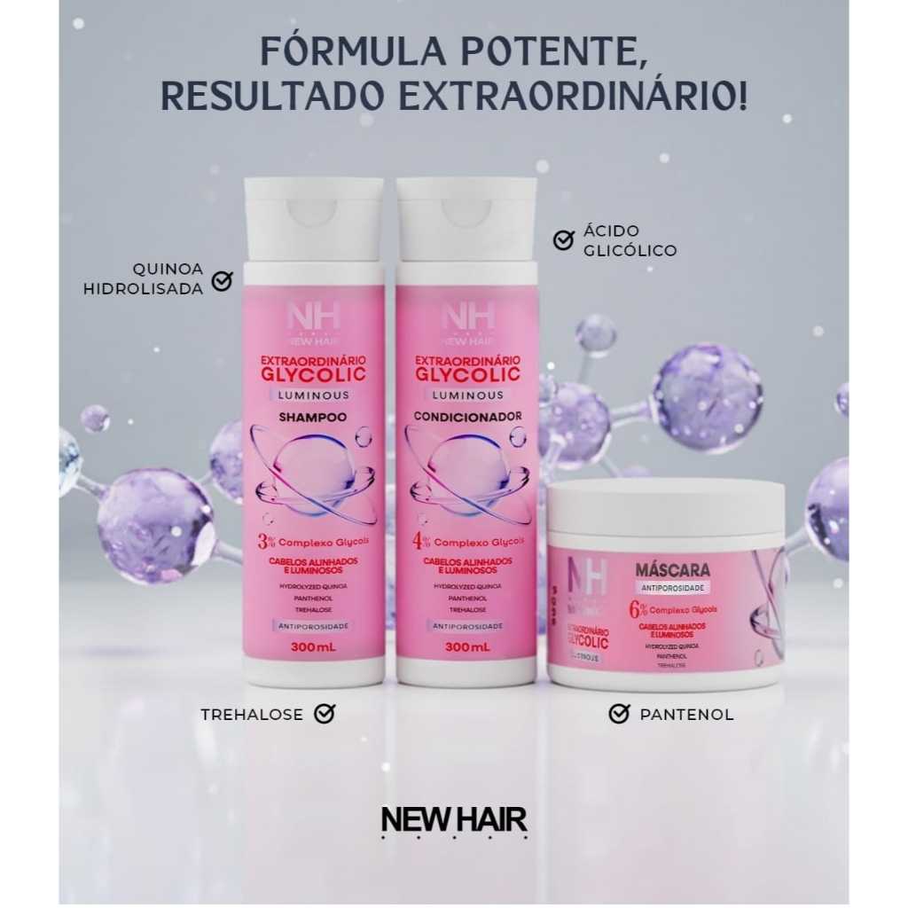 NH New Hair Extraordinario Glycolic Luminous Belkit 3 Produtos no kit
