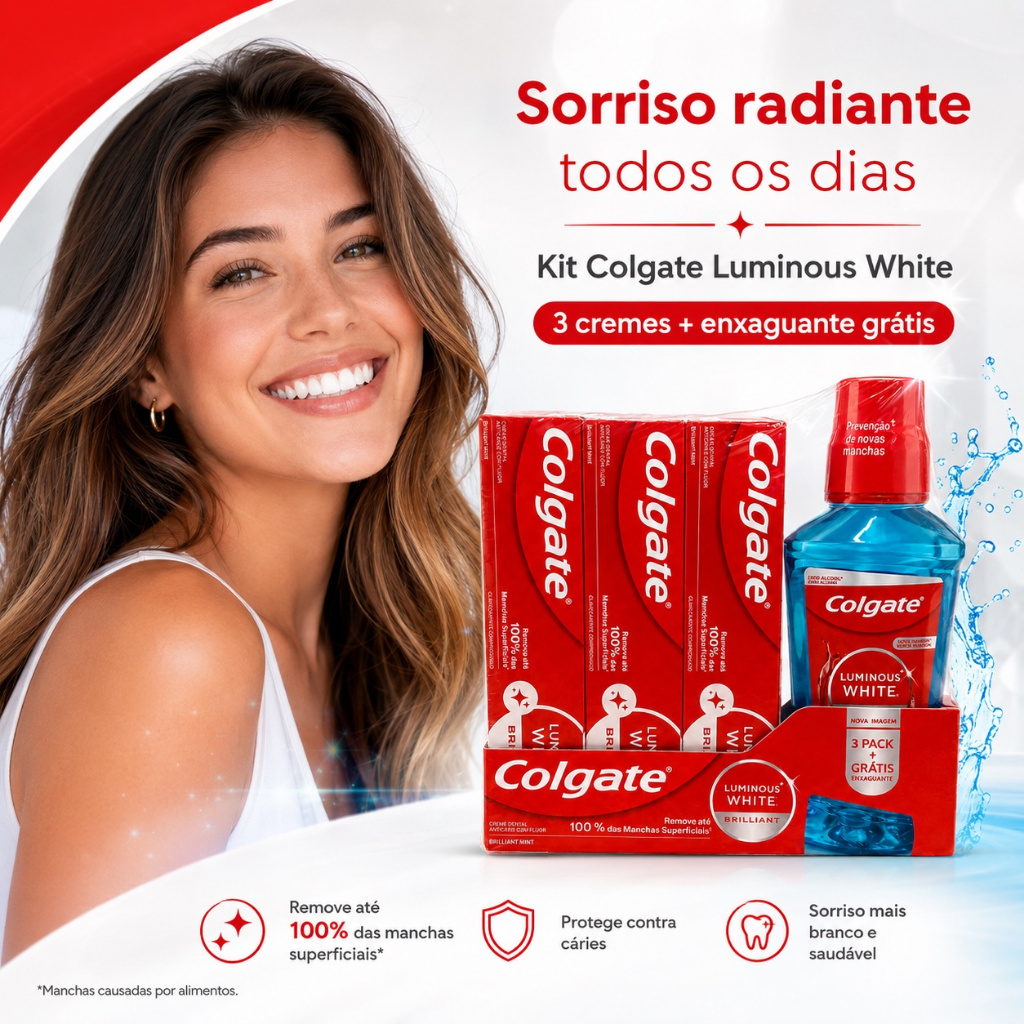 Kit Colgate Luminous White 3 Cremes Dentais 70g + Enxaguante