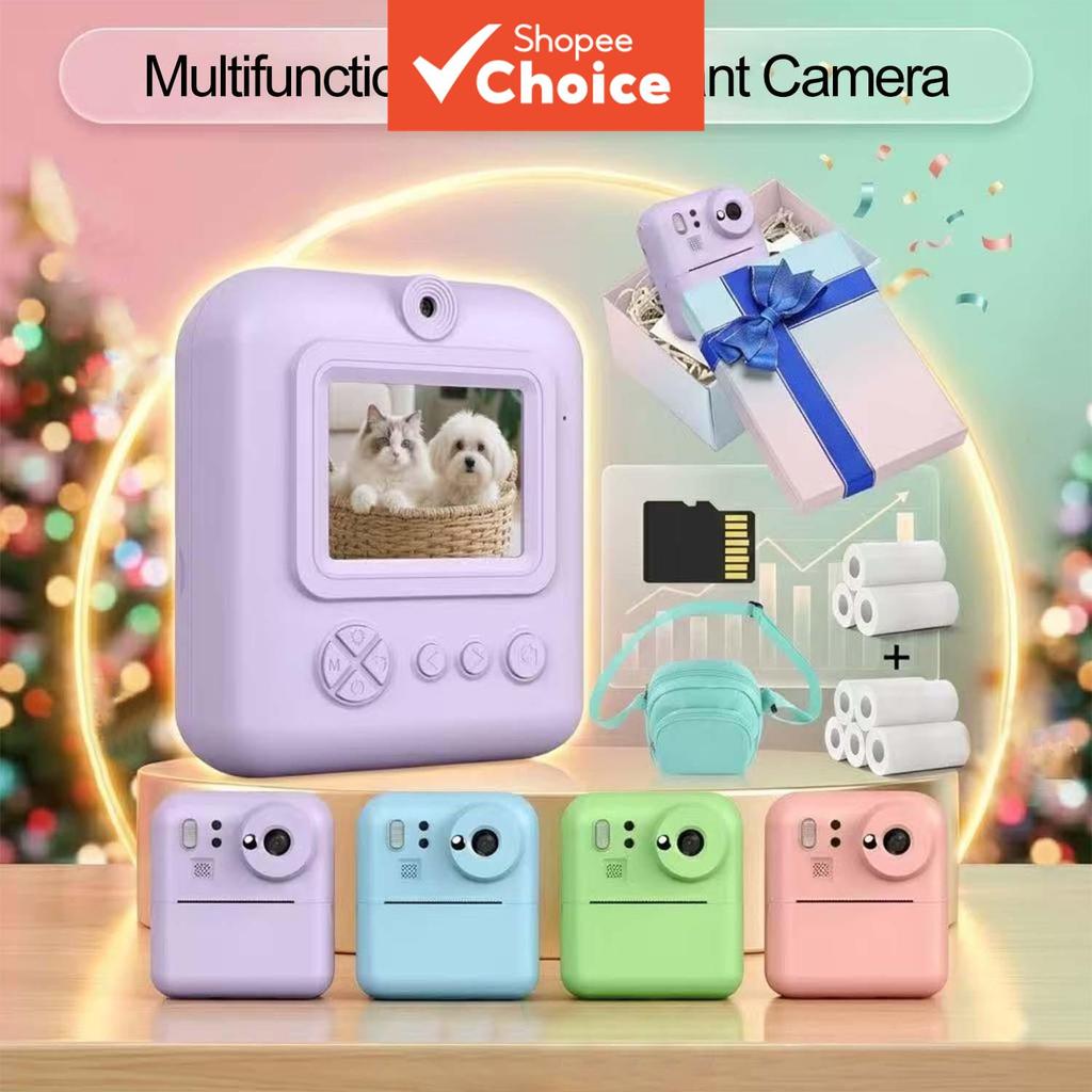 Câmera Instantânea Digital Mini com Impressão Instantânea 1080P, Vídeo, Carcaça Fofa, 3 Rolos de Papel de Impressão,