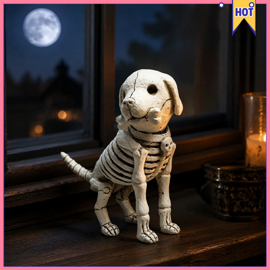 Halloween Skull Puppy Resin Figurine Skeleton Dog Statue Retro Desktop Ornament for Haunted Houses Bars and Decorations