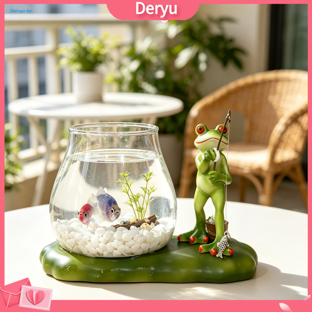 Desktop Aquarium Tank Glass Fish Bowl Frog Fishing Ornament with Resin Lotus Leaf Base – Small for Hydroponic Plant Pr