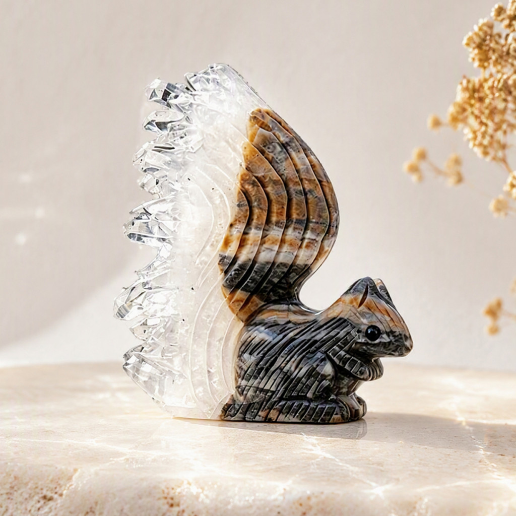 Squirrel Figurine Hand Carved Stone Statue White Ornament – Natural for Home Office Desk Decor and Collection Gift Uni