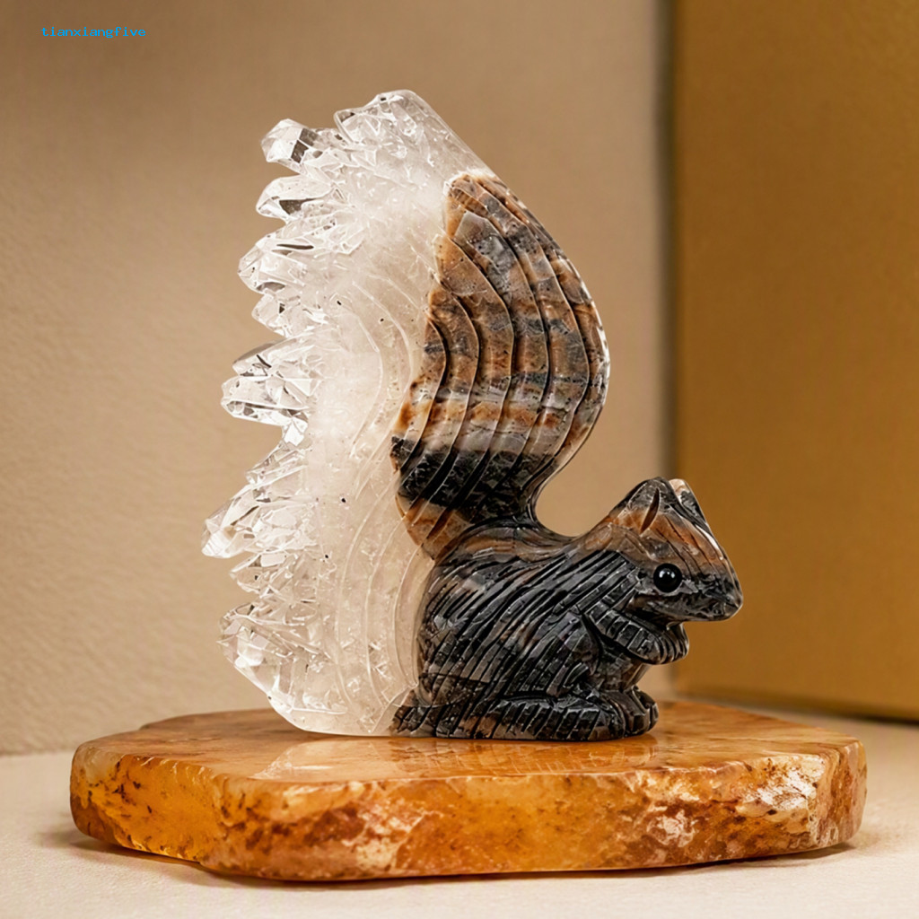 Hand Carved Stone Statue Squirrel Figurine White Ornament – Natural for Home Office Desk Decor and Collection Gift Uni