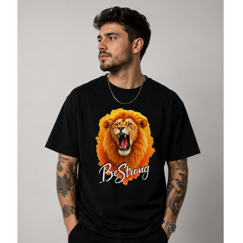 Camiseta BE STRONG Leão 100% Algodão Unissex Motivação Força Esporte Lion Seja Forte