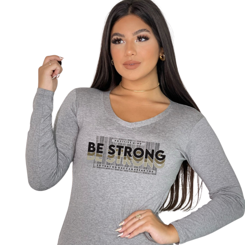 Blusa de Frio Feminina Estampada Be Strong Gola V Manga Longa Casual, Inverno