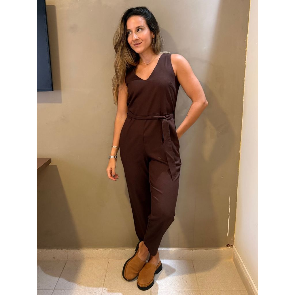 Macacão Linho Spandex Friendly Com Bolso e Faixa Sem Transparência Tendência Outono Inverno