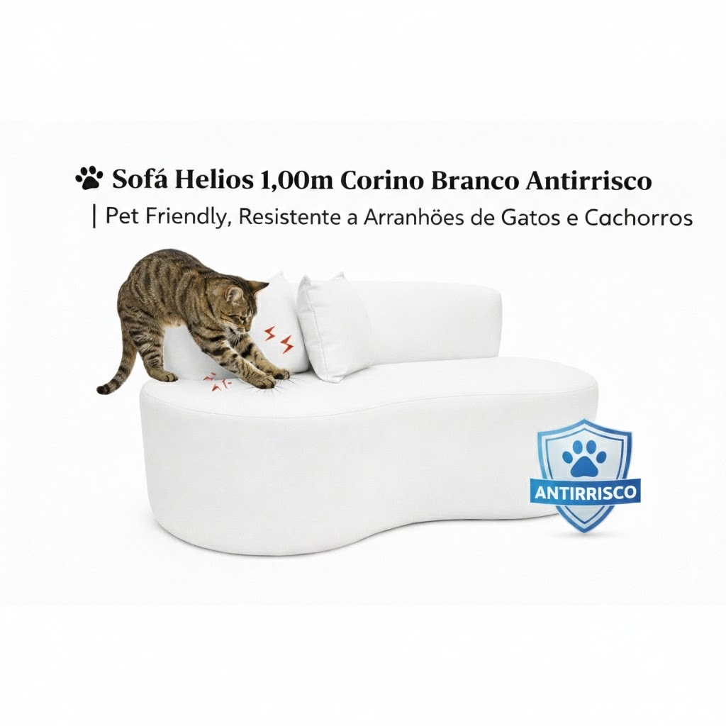 🐾 Sofá Helios 1 metro Corino Branco Antirrisco | Pet Friendly, Resistente a Arranhões de Gatos e Cachorros