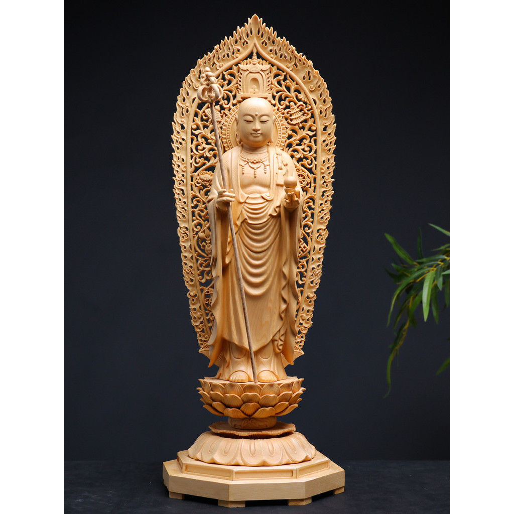 Cipreste esculpido Jiuhua montanha Ksitigarbha Bodhisattva ornamentos domésticos nichos budistas adoração budista sta