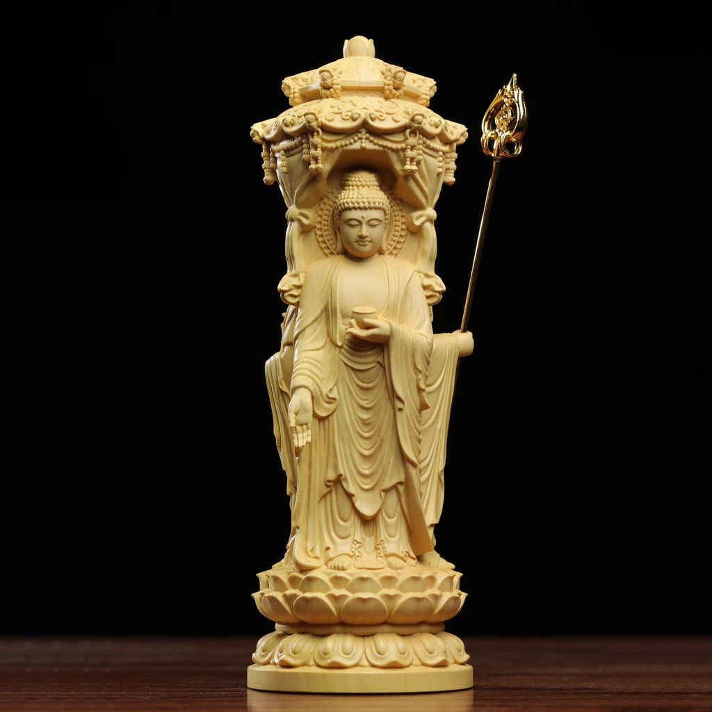 Caixa de escultura em madeira Posao Sansheng Shakyamuni Guanyin Bodhisattva Ksitigarbha buda adoração deus estátua ornam