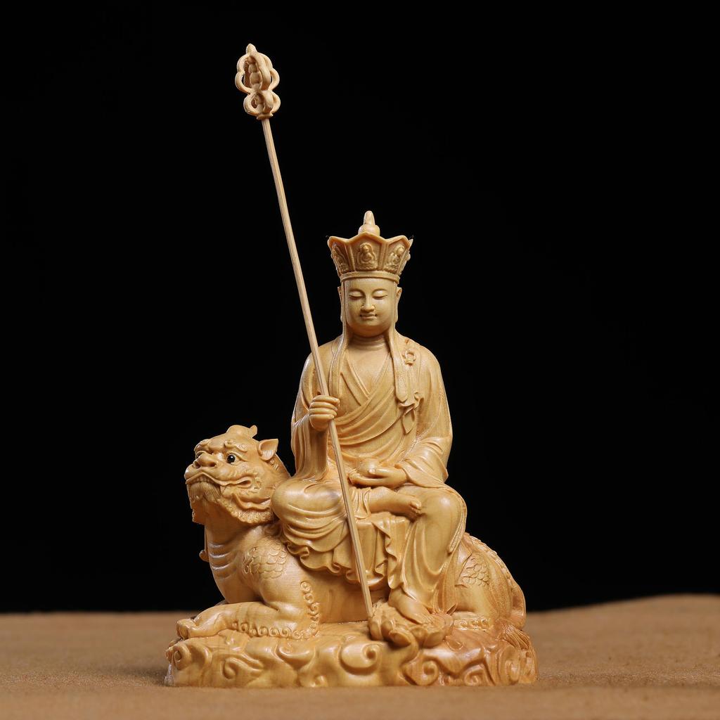 Autêntico buxo de folhas pequenas, finamente esculpido, ouvir Ksitigarbha Bodhisattva, estátua de buda, ornamentos de ad