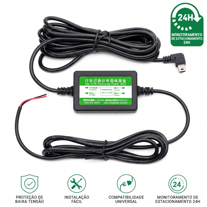 Kit Hardwire Cabo De Alimentação Para Câmera Veicular Dash Cam Mini USB 12V-30V Monitoramento 24h Proteção Bateria 3M