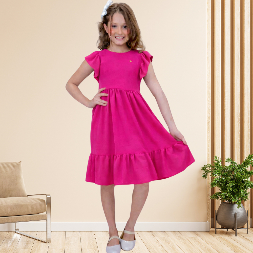 Vestido Feminino Midi Infantil em Duna Crepe Tam 2 a 14 Igreja, Congresso, Festa, Culto, Evangélico