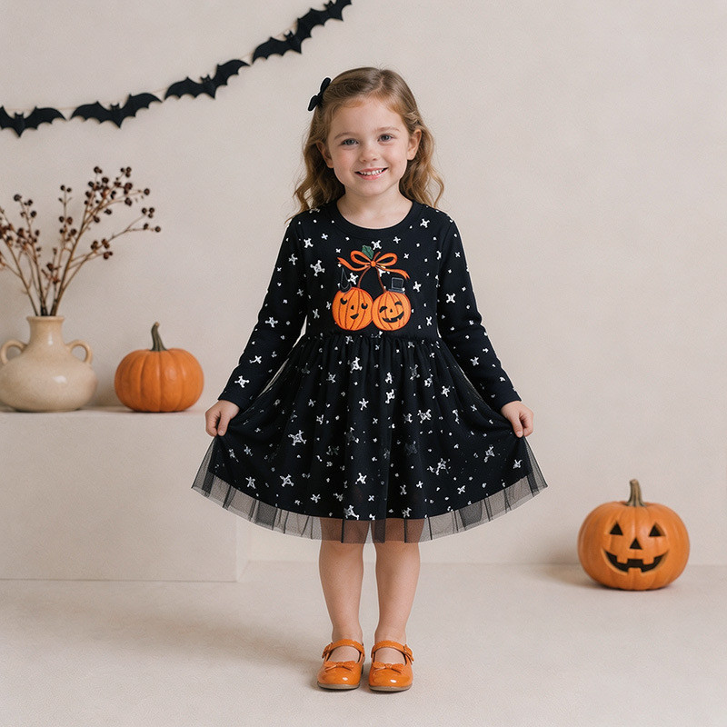 Vestido Infantil Bordado De Manga Comprida Para Halloween , Novo De Malha Meninas , Fantasia De Festa Tecido De Alta Qua