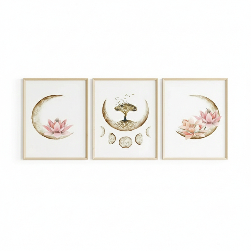 Quadros decorativos Boho Lotus Flower Aquarela Wall Art Posters, Lua Árvore da Vida, Zen (3 peças)