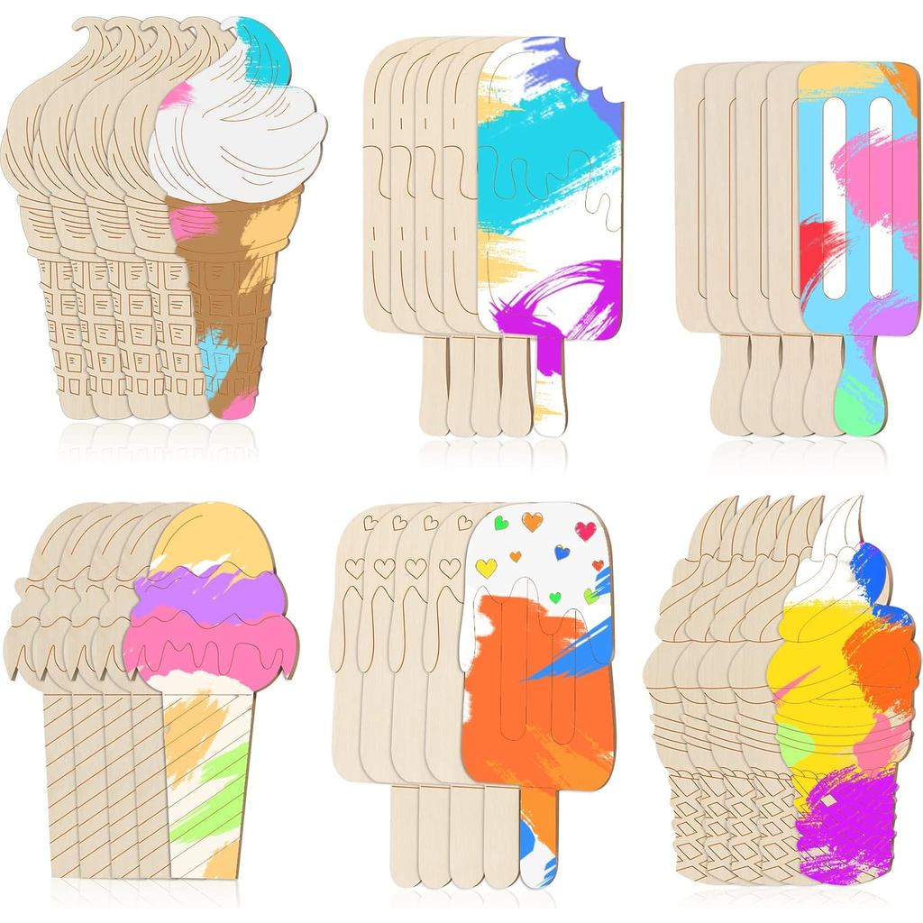 Chunful 30 Pieces Ice Cream Wood Cutouts Crafts Bulk Color Your Own Ice Cream Cones Unfinished DIY Coloring Wooden Craft