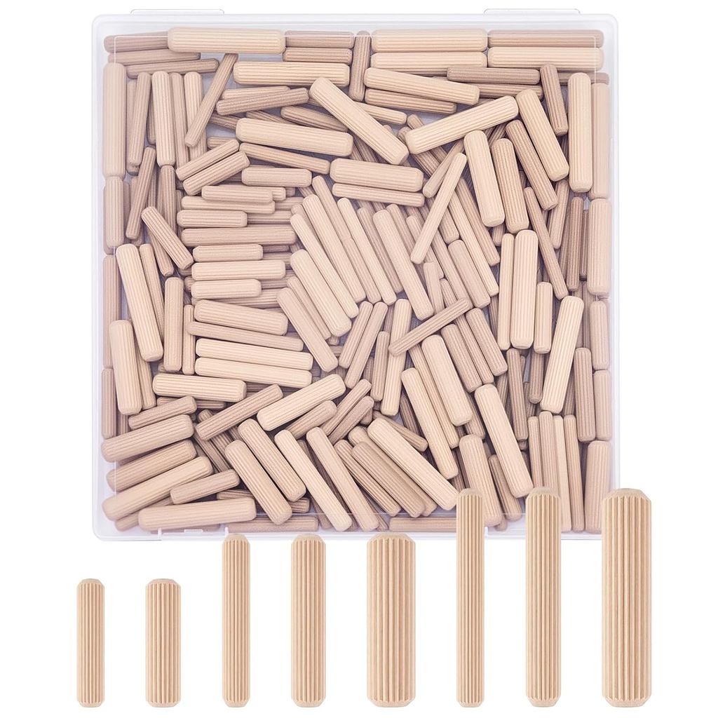 WISYOK 300Pcs Wooden Dowels in 8 Sizes, 1/4, 5/16, 3/8 inch Fluted Wood Dowels Pins, Hardwood Pegs for Woodworking, DIY,